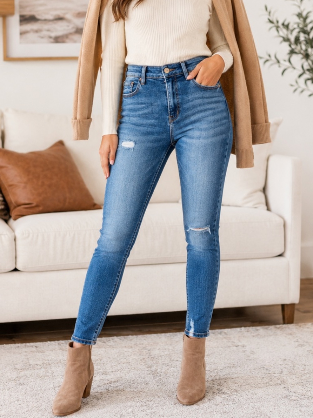 Stradivarius Super High Waist Distressed Skinny Jeans Medium Wash Size 8